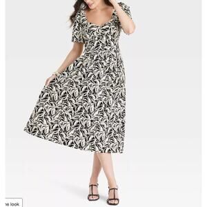Women's Short Sleeve Midi Dress - A New Day Black White Floral 6